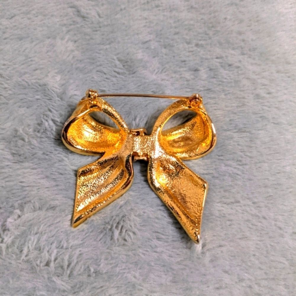 Vintage 1980's Goldtone & Rhinestones Bow Brooche - Picture 5 of 10